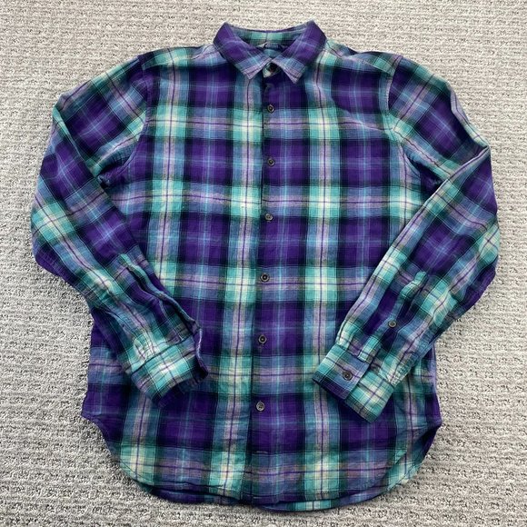7 For All Mankind Shirt Men Small S Green Purple Gray Plaid Button Up Casual - Picture 1 of 7